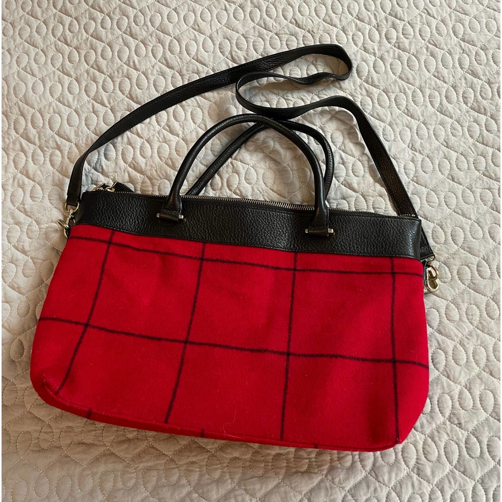 Talbots Red Black Checkered Wool Leather Tote Bag Handle Purse Crossbody